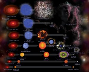 Tento obrázek ukazuje životní cyklus jednotlivých typů hvězd, od těch nejlehčích (dole) až po ty obří (nahoře). 
