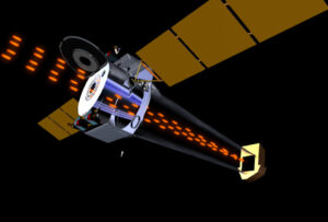 Řez observatoří Chandra ukazuje umístění zrcadel Wolterova dalekohledu a průchod paprsků optickou soustavou zařízení. 