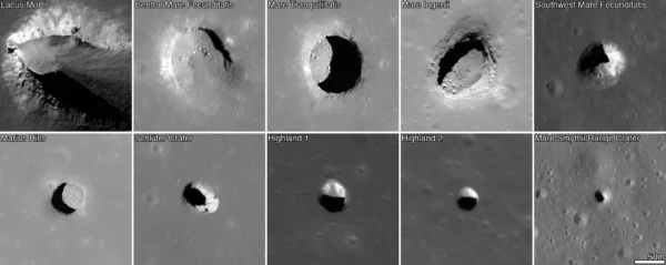 Snímky děr, které vedou do lunárních tunelů, vyfocené sondou LRO. Každý snímek měří na šířku cca 220 metrů.