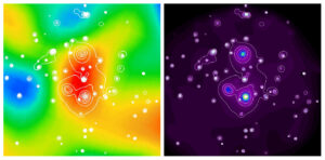 Jedna ze vzdálených kup galaxií objevených Sunjajevovým-Zeldovičovým jevem. Vlevo snímek sondy Planck, vpravo snímek z observatoře XMM-Newton. 