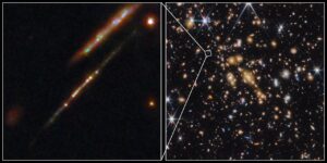 Vpravo pohled na čočkující kupu, vlevo čočkované galaxie. Nahoře je oblouk bližší galaxie, dole pak vzdálenější i s pěti hvězdokupami. 