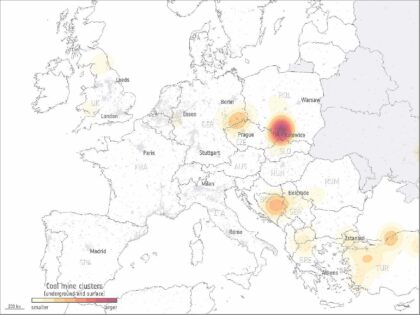 Koncentrace metanu nad Evropou z těžby uhlí. V oblastech u česko-polských hranic je patrná vyšší shluk Zdroj: ESA 