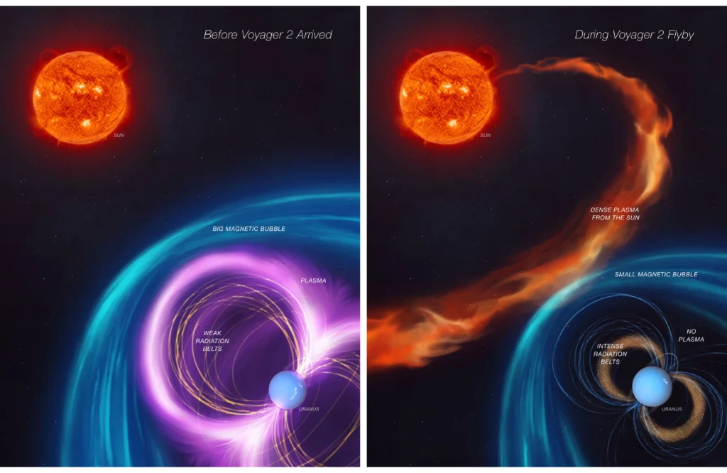 Obraz vlevo je uměleckou představou, která zobrazuje, jak se chovala magnetosféra Uranu před průletem sondy Voyager 2. Druhý obraz ukazuje, že během průletu v roce 1986 docházelo k neobvyklému kosmickému počasí, které vědcům poskytlo zkreslený pohled na magnetosféru.