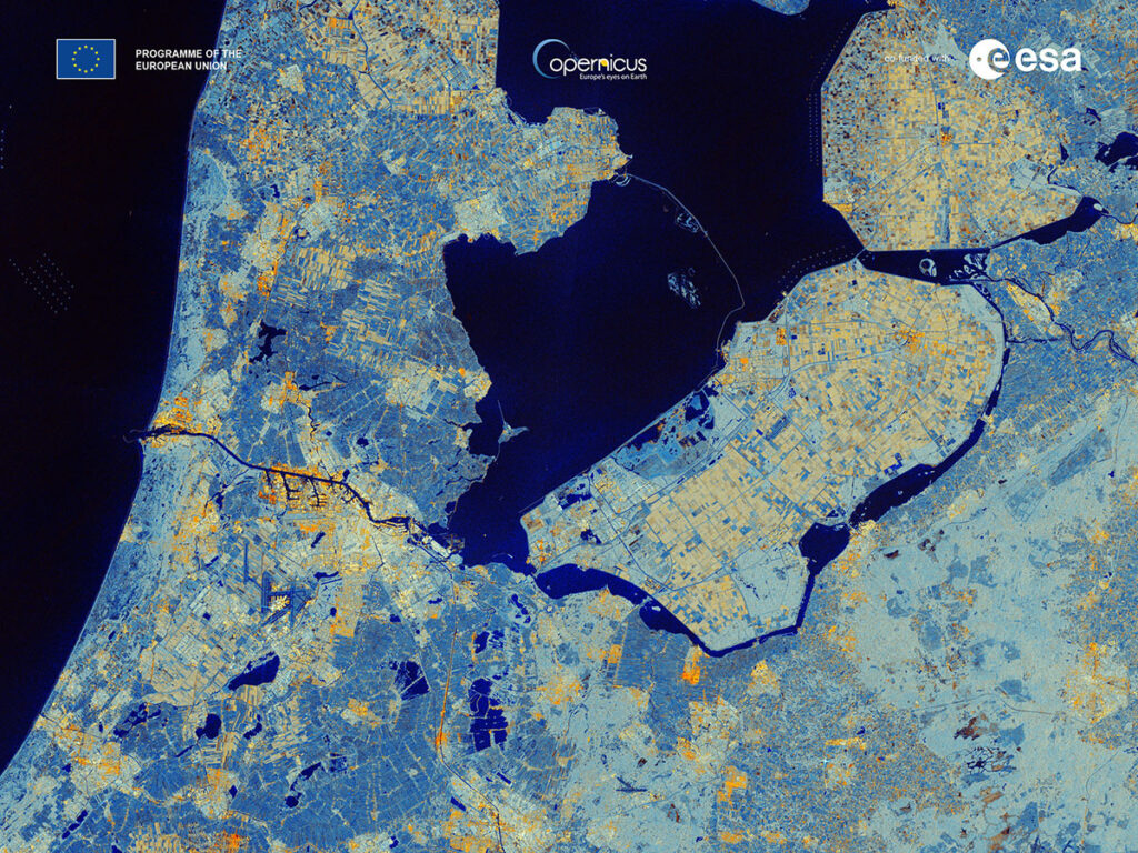 Oblast Flevoland v Nizozemí pohledem evropské radarové družice Sentinel-1C.