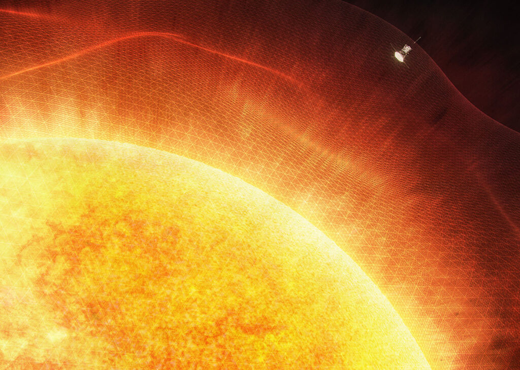 Umělecká představa průletu Parker Solar Probe skrz sluneční korónu.