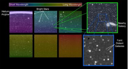 Každý snímek v této nekalibrované expozici teleskopu SPHEREx obsahuje přibližně 100 000 světelných zdrojů, včetně hvězd a galaxií. Dvě vsuvky vpravo přibližují části jednoho snímku a ukazují schopnost teleskopu zachytit slabé, vzdálené galaxie. Tyto výřezy jsou pro snadnější prohlížení zpracovány ve stupních šedi, nikoli v barvě viditelného světla.