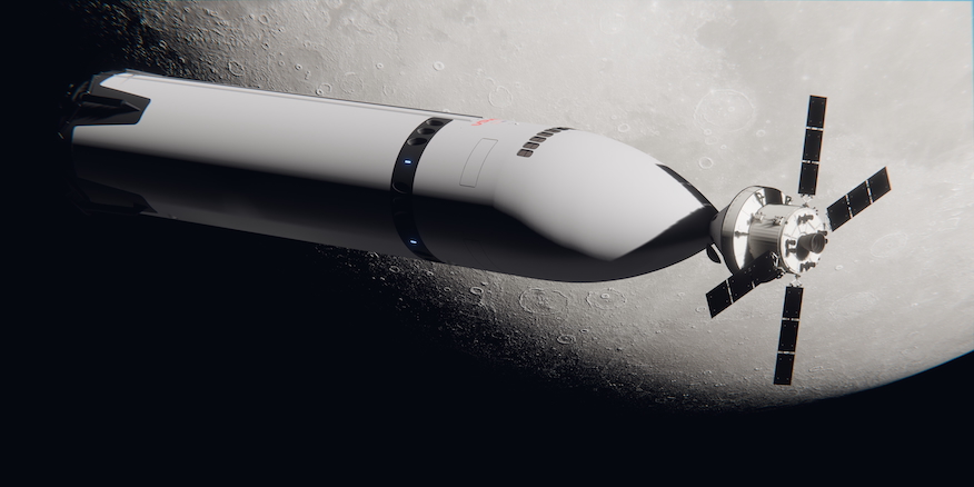 Render landeru Starship a kosmické lodi Orion