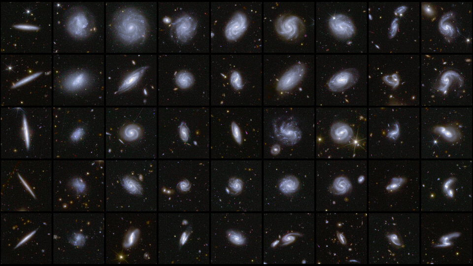Výběr 45 různých galaxií (ze stovek tisíc) nasnímaných Euclidem v rámci tvorby první části podrobné mapy oblohy.