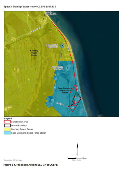 Mapa zobrazující rozsah prací na SLC-37 včetně úprav okolních silnic.