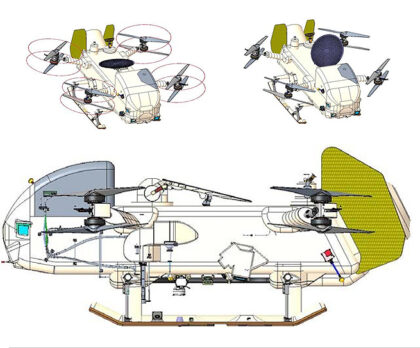Technický model Dragonfly. Terčík nahoře je anténa. Radioizotopický termoelektrický generátor se nachází v zadní části pod válcovým krytem. Foto: JPL