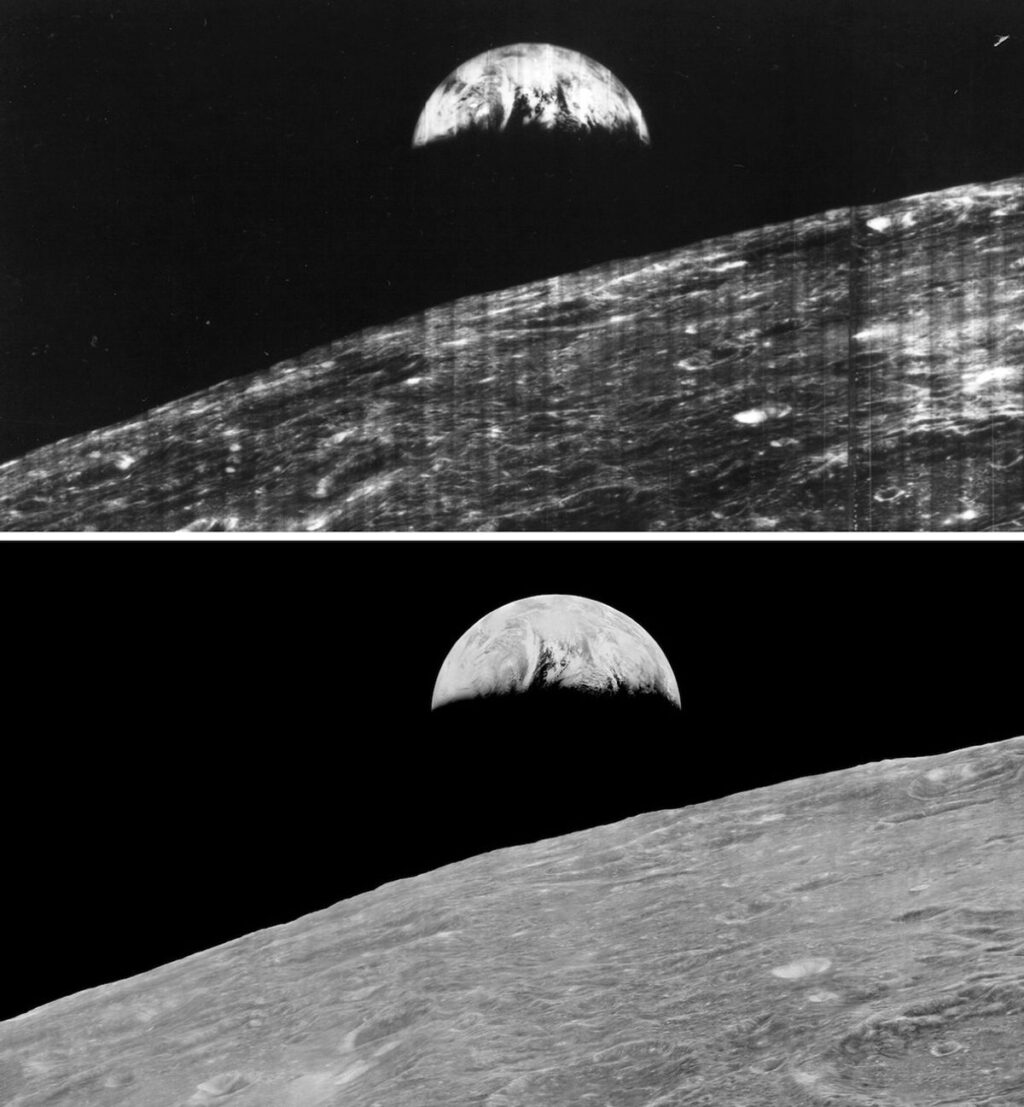 Země vycházející nad Měsícem - původní verze a nová z roku 2008 vytvořená z původních dat. Zdroj: NASA/Ames Research Center/Lunar Orbiter Image Recovery Project https://assets.science.nasa.gov/dynamicimage/assets/science/psd/lunar-science/2023/08/earthise_old_new_1200.jpg?w=1200&h=1297&fit=clip&crop=faces%2Cfocalpoint