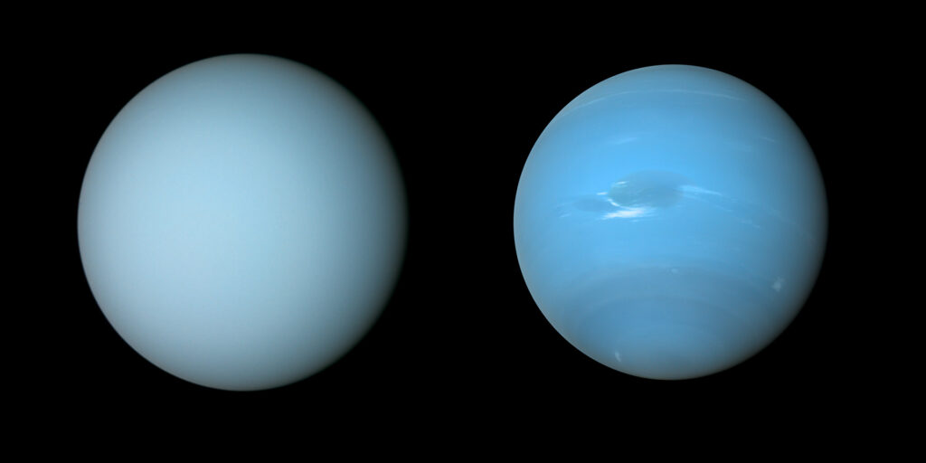 Uran a Neptun - porovnání v pravých barvách. Za neobvyklým barevným podáním Neptunu stojí nové zpracování dat sondy Voyager 2 s cílem ukázat planety ve správném barevném podání a ve správné velikosti vůči sobě. Zdroj: NASA/JPL-Caltech/Björn Jónsson, https://planetary.s3.amazonaws.com/web/assets/pictures/20190305_uranus-neptune-comparison.jpg