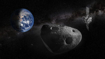 Umlěecká představa evropské sondy Ramses u planetky 99942 Apophis.