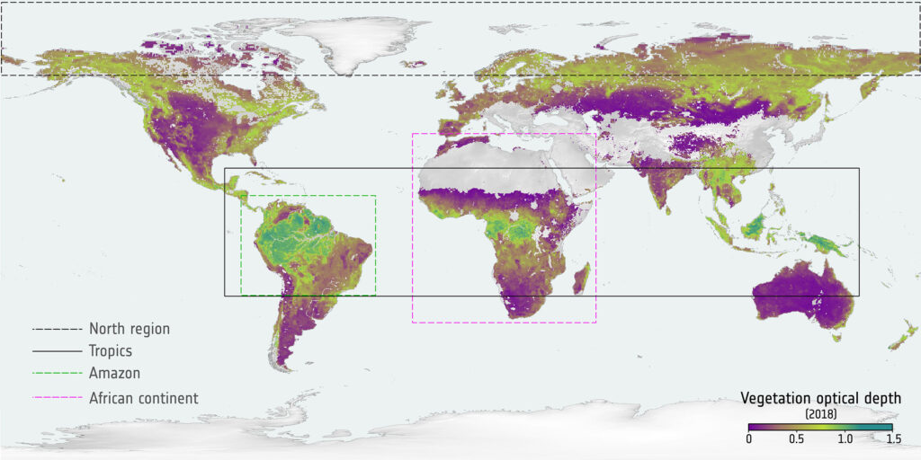 Globální mapa optické hloubky vegetace z družice SMOS za rok 2018.