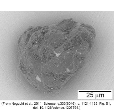 Částečka z asteroidu Itokawa. Zdroj: Science/Noguchi et al., http://www.psrd.hawaii.edu/WebImg/Itokawa-particle-BSEimage.jpg