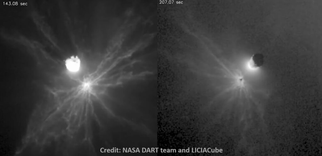 Trosky po srážce DART s Dimorphem. Zdroj: ASI, NASA, Johns Hopkins APL, DART, LICIACube, LUKE, IOP, https://apod.nasa.gov/