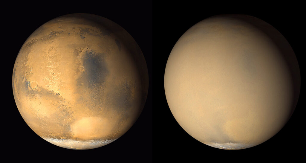 Mars v červnu a červenci 2001 ze sondy Mars Global Surveyor. Planetu obklopila celoplanetární prachová bouře. Zdroj: NASA/JPL/MSSS, https://photojournal.jpl.nasa.gov/