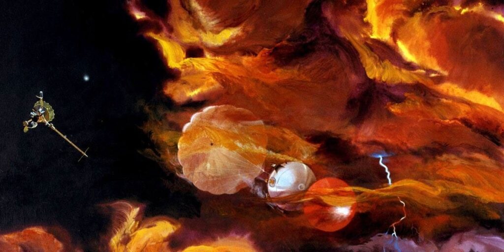 Představa umělce jak přistávací pouzdro sondy Galileo proniká atmosférou Jupiteru. Zdroj: NASA, https://assets.science.nasa.gov