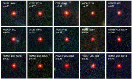 Malé červené tečky z několika kosmologických přehledových programů na JWST.