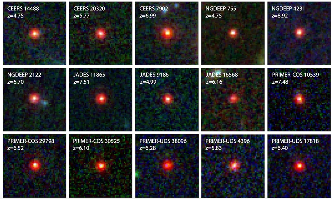 Malé červené tečky z několika kosmologických přehledových programů na JWST.