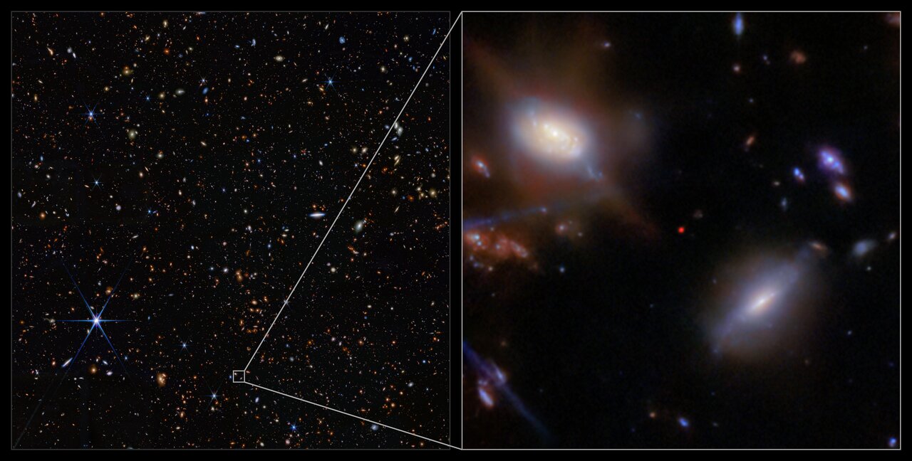 Galaxie JADES-GS-z13-1 na snímku Webbova teleskopu. Vpravo v detailu, vlevo celý snímek hlubokého vesmíru.