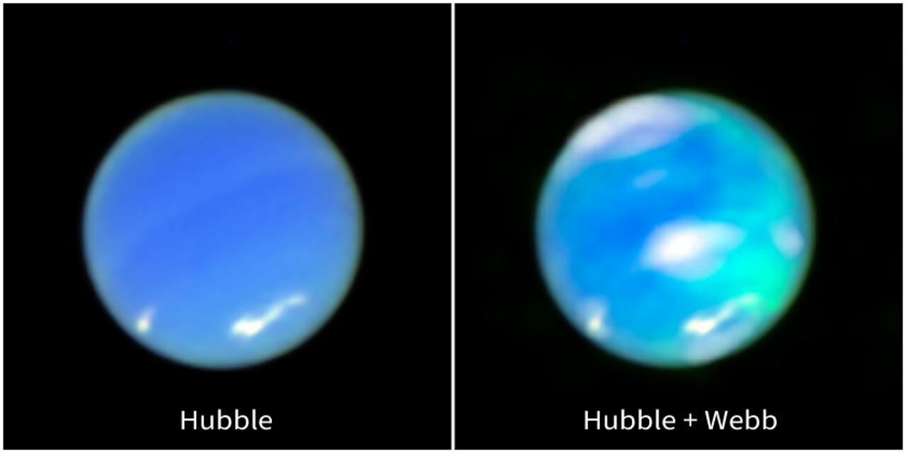 Neptun na snímku Hubbleova teleskopu a na složeném snímku Webbova a Hubbleova teleskopu. Pravá fotografie pěkně ukazuje azurové polární záře.