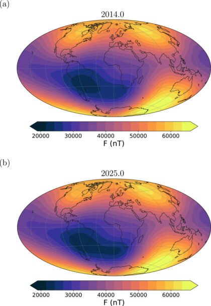 Měření družic Swarm odhalilo zvětšující se Jihoatlantickou anomálii magnetického pole Země