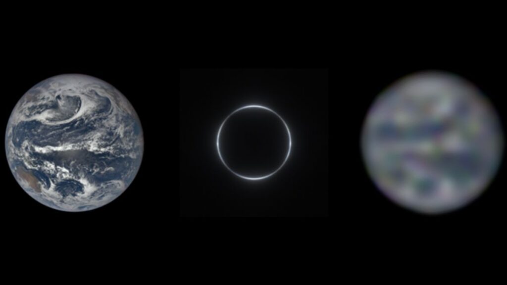 Příklad využití sluneční gravitační čočky. Vlevo reálná planeta, vpravo její rekonstrukce na základě dat z měření skrze solární gravitační čočku. 