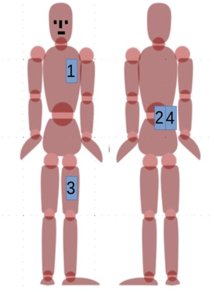 Předpokládané pozice dozimetrů na těle astronauta během mise.
