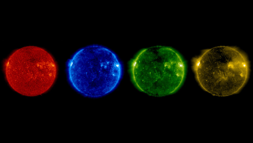 Pohled na Slunce v několika vlnových délkách ultrafialového záření o letním slunovratu 2017. 
