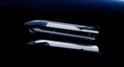 Vizualizace setkání dvou lodí Starship na oběžné dráze Země pro test přečerpávání kryogenního paliva