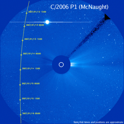 Pozorování známé komety McNaught pomocí observatoře SOHO. 