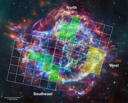 Pozorování zbytků supernovy Cassiopeia A pomocí přístroje Resolve na palubě japonsko-americké kosmické observatoře XRISM (X-ray Imaging and Spectroscopy Mission) odhalilo silné důkazy přítomnosti draslíku (zelené čtverce) v jihovýchodní a severní části zbytků. Mřížky překrývající obraz zbytků představují zorná pole dvou měření provedených přístrojem Resolve v prosinci 2023. Každý čtverec představuje jeden pixel detektoru Resolve. Slabší důkazy o přítomnosti draslíku (žluté čtverce) na západě naznačují, že původní hvězda mohla mít před explozí skryté asymetrie.