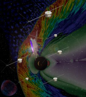 Simulace sedmi družic Plasma Observatory studujících zemskou magnetosféru.
