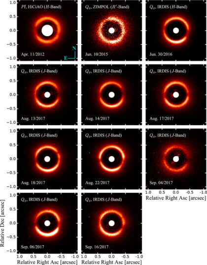 Proměnné vnější stínování disku kolem hvězdy RXJ1604.3–2130 v souhvězdí Velkého vozu, snímky pořízené přístrojem SPHERE.