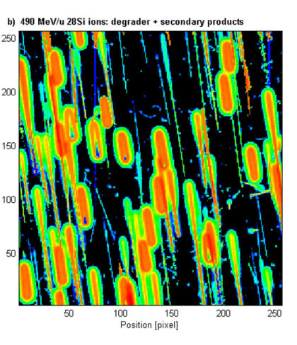 Záznam průletů vysoce energetických iontů detektorem částic, včetně sekundárních produktů vzniklých jejich interakcí s materiálem detektoru. Každý barevný „šrám“ nebo stopa odpovídá průletu jedné nabité částice detekčním čipem.