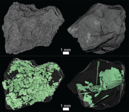 Zrnka vzorků z povrchu planetky Bennu přivezené sondou OSIRIS-REx. Nahoře vnější podoba, dole vnitřní struktura vytvořená rentgenovou počítačovou tomografií.