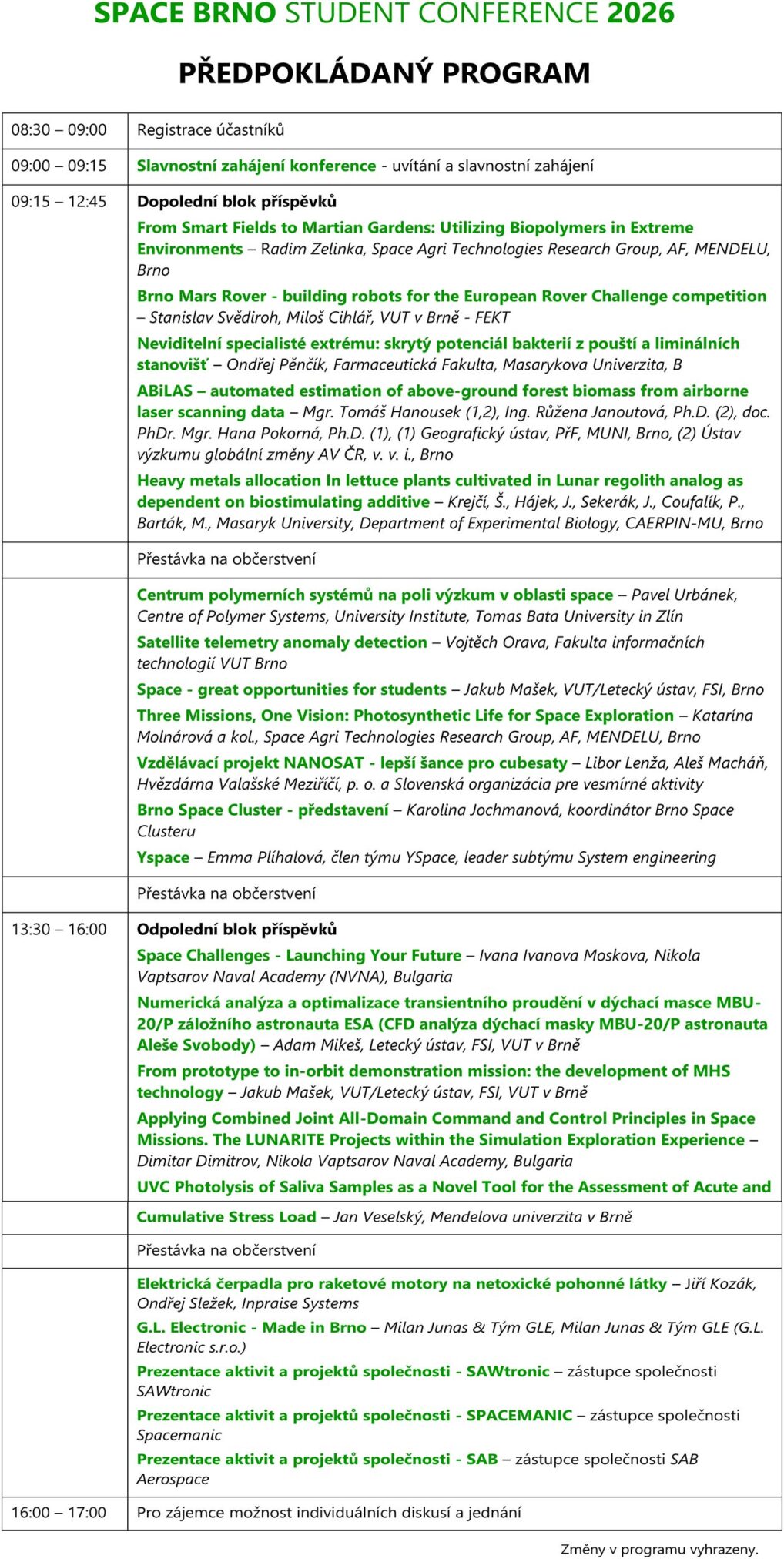 Plánovaný program konference.
