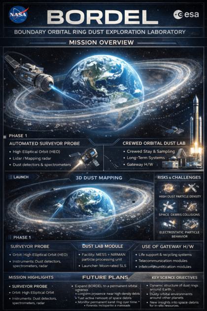 Vizualizace mise BORDEL (Boundary Orbital Ring Dust Exploration Laboratory) ukazuje koncept dvoufázového průzkumu prstencového systému Země.