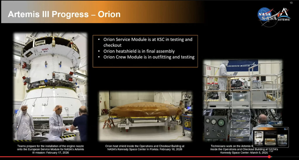 Hlavní části Orionu pro Artemis III v budově O&C v Kennedyho vesmírném středisku – servisní modul ze 17. února, tepelný štít z 18. února a modul pro posádku z 5. března 2026