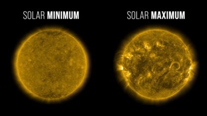Americká kosmická observatoř SDO (Solar Dynamics Observatory) pořídila snímky Slunce v ultrafialovém spektru během slunečního minima v prosinci 2019 (vlevo) a během slunečního maxima v květnu 2024 (vpravo). V období nejvyšší sluneční aktivity se jevy kosmického počasí vyskytují častěji. Sluneční aktivita, jako například bouře v květnu 2024, může vést k lepší viditelnosti polární záře a mít dopad na družice a infrastrukturu.