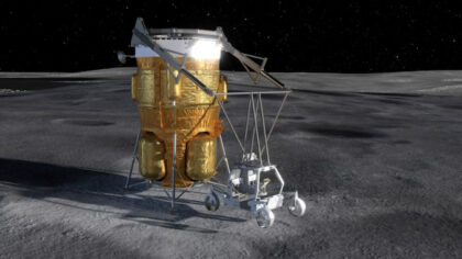 Umělecká představa firmy Astrolab ukazuje, jak má lunární lander Blue Moon Mk1 vyložit na povrch vozítko CLV-1 (Crewed Lunar Vehicle) od firmy Astrolab.
