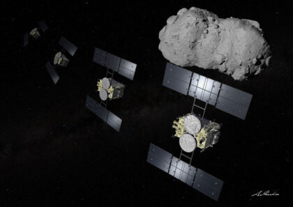Umělecká představa průletu sondy Hayabusa 2 kolem planetky Torifune.