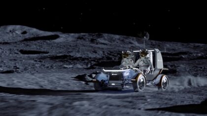 Umělecká představa vozítka Pegasus od firmy Lunar Outpost na povrchu Měsíce.