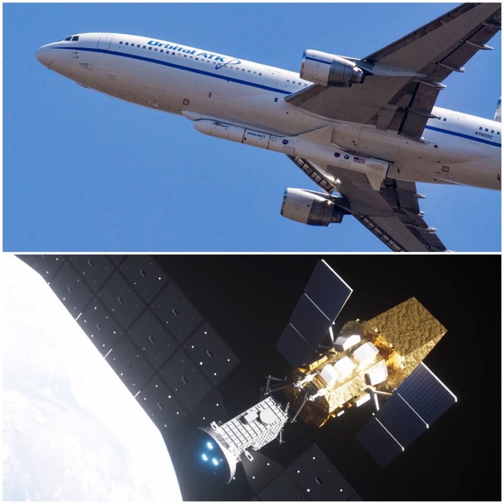 Dole vizualizace mise LINK a nahoře raketa Pegasus XL