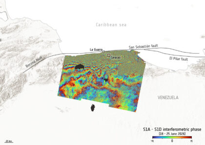 Interferogram z dat družic Setinel 1 po venezuelském dvojzemětřesení.