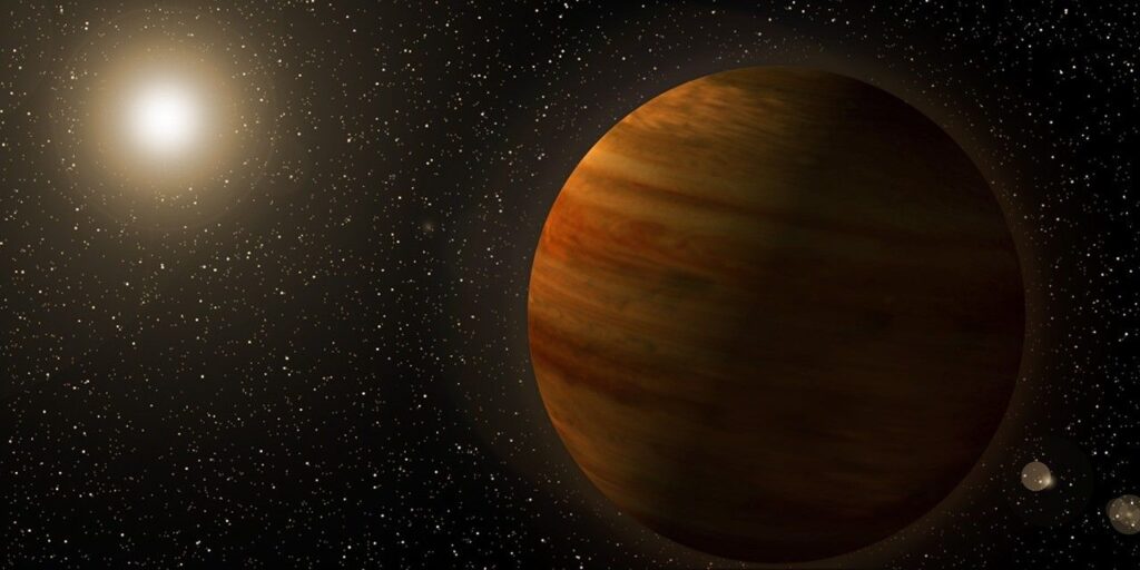 Umělecká představa exoplanety Gaia23bra b obejvené teleskopem TESS metodou mikročočkování. Planeta obíhá svou hvězdu ve vzdálenosti podobné, jako Jupiter krouží kolem Slunce.
