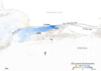 Data zaznamenaná radarem na družicích Sentinel-1 zachycují posun terénu po zemětřeseních ve Venezuele.