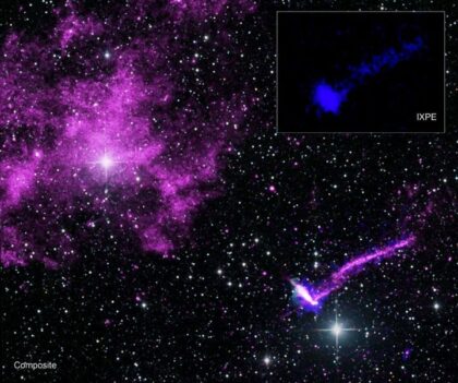 Vědci úspěšně změřili magnetické pole mlhoviny pulsaru Lighthouse pomocí teleskopu IXPE agentury NASA. Jejich měření potvrzují teorii, že částice s vysokou energií unikají podél magnetických siločar. Tento složený snímek obsahuje rentgenová data z IXPE v modré barvě (zvýrazněná ve výřezu), data z rentgenové observatoře Chandra ve fialové barvě a rádiová data z CSIRO v zelené barvě. Hvězdné pole tvoří optická data z optického průzkumu 2MASS.