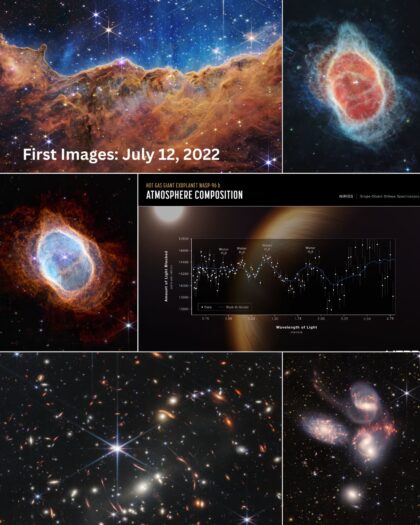12. července 2026 jsme oslavili čtyři roky od zahájení vědeckého bádání JWST. Zde je kolaž z několika památných fotografií a měření. Obrázek: NASA, ESA, CSA a STScI